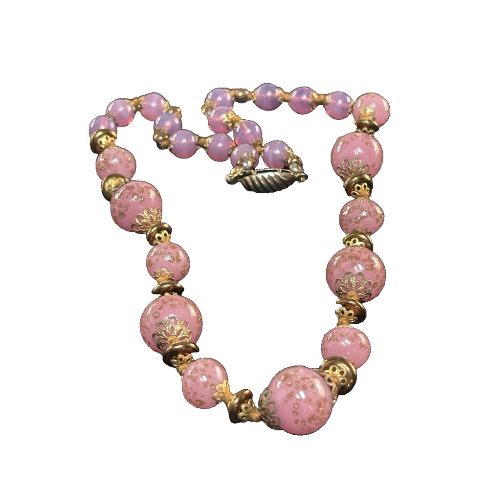 Vintage Venetian Murano Glass Necklace Pink Gold Foil Round Beads Hand Knotted